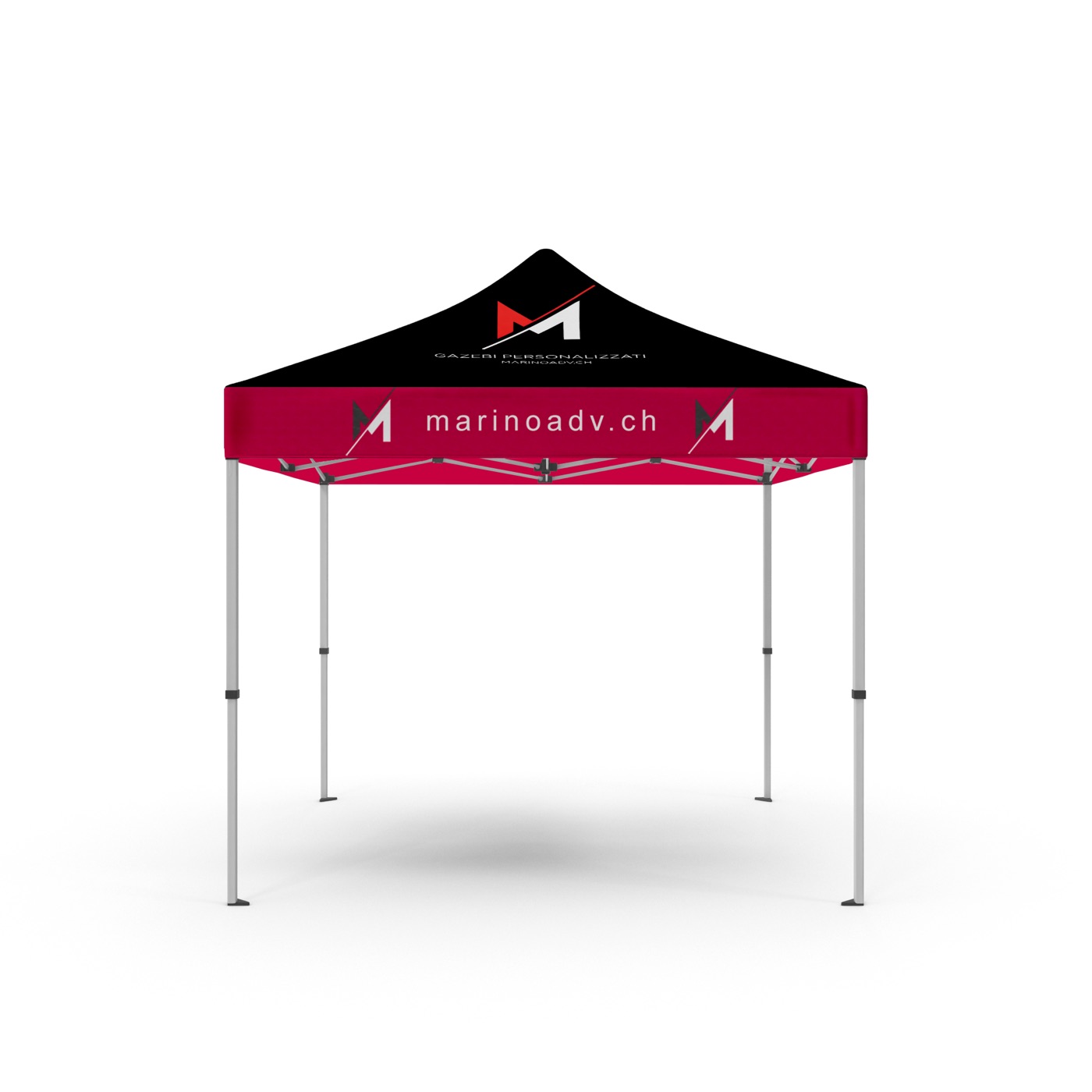 Gazebo pieghevole personalizzato con il logo Marino Adv, allestito per un evento all'aperto