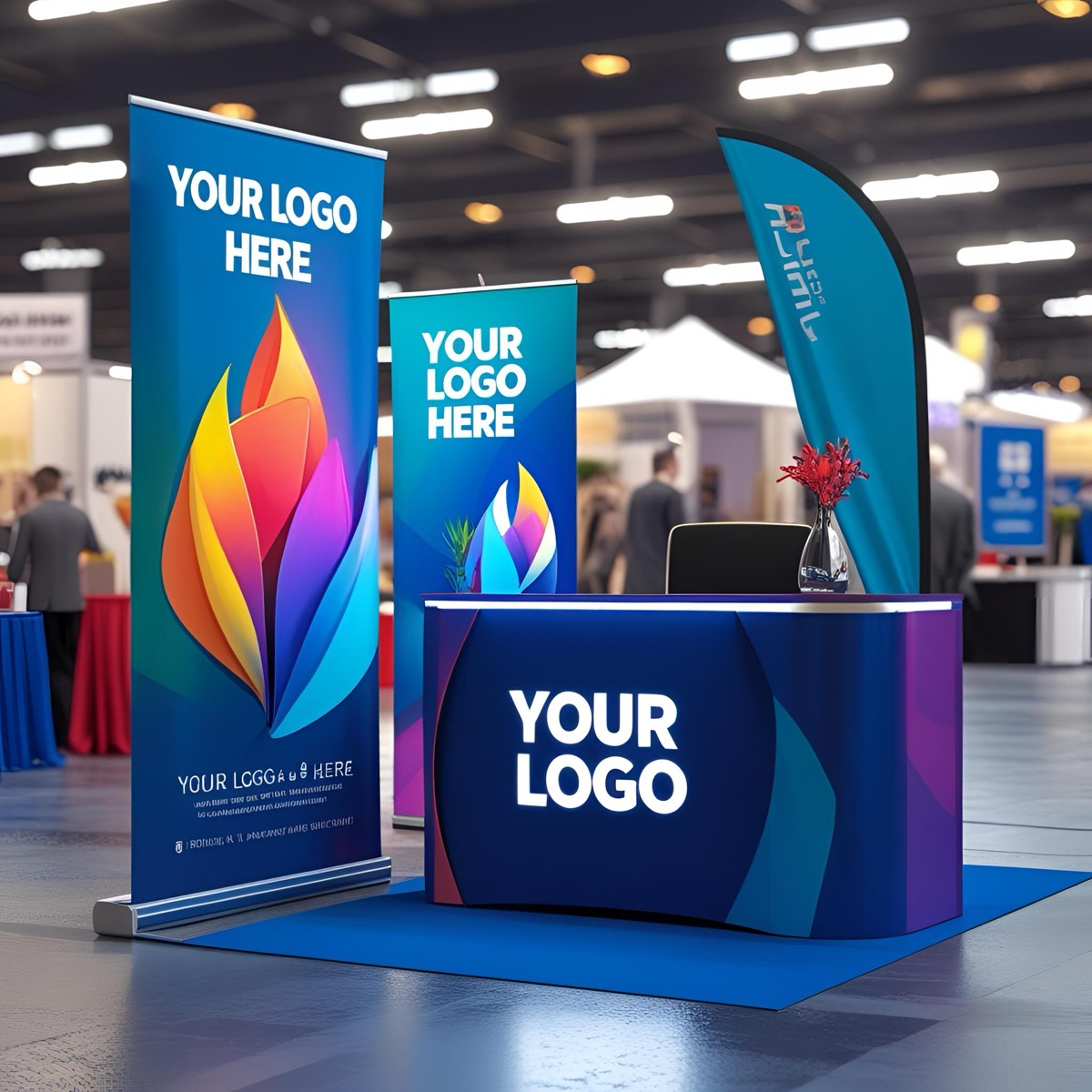 Due roll-up, un desk promozionale e una bandiera a pinna allestiti in uno stand fieristico